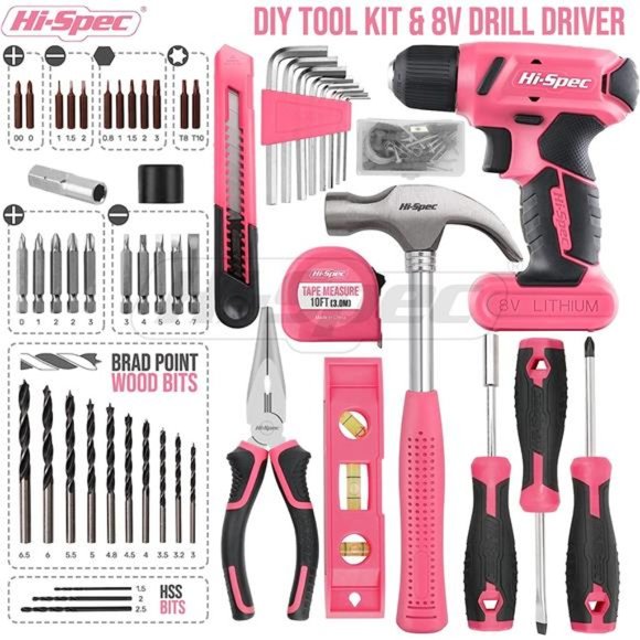 58pc Pink 8V USB Electric Drill Driver & Household Tool Kit Set. DIY Cordless - Picture 3 of 7